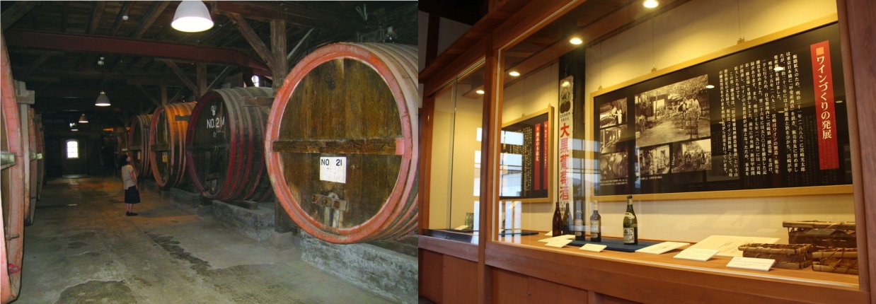 左：シャトーカミヤ旧醸造場施設醗酵室（神谷傳兵衛記念館）／右：宮光園内展示室