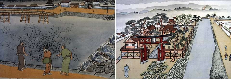 左：百景図 十四 侯館前錦川のいだ/右：百景図 十六 弥栄神社
