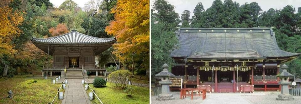 左：内部の厨子が豪華な圓通院霊屋/右：四～五代にわたって建立した鹽竈神社