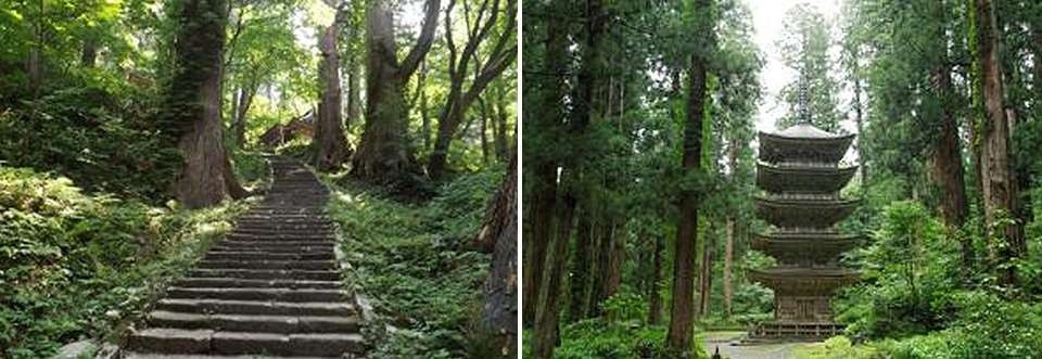 左：羽黒山の石段と杉並木/右：国宝羽黒山五重塔