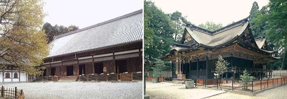 左：政宗が松島に建てた瑞巌寺/右：豪華絢爛な桃山建築、大崎八幡宮