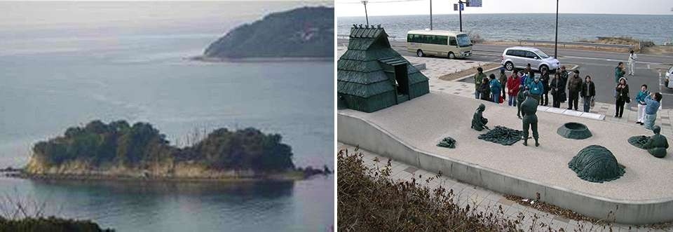 左：全体を墓域とする沖ノ島古墳群/右：整備された貴船神社遺跡
