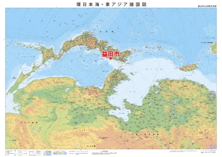 「逆さ地図」に見る益田市の位置（富山県作成の「環日本海・東アジア諸国図」に加筆） ― 益田は、東京や京都とは離れているが、日本海を通じて中国や朝鮮半島に近い。