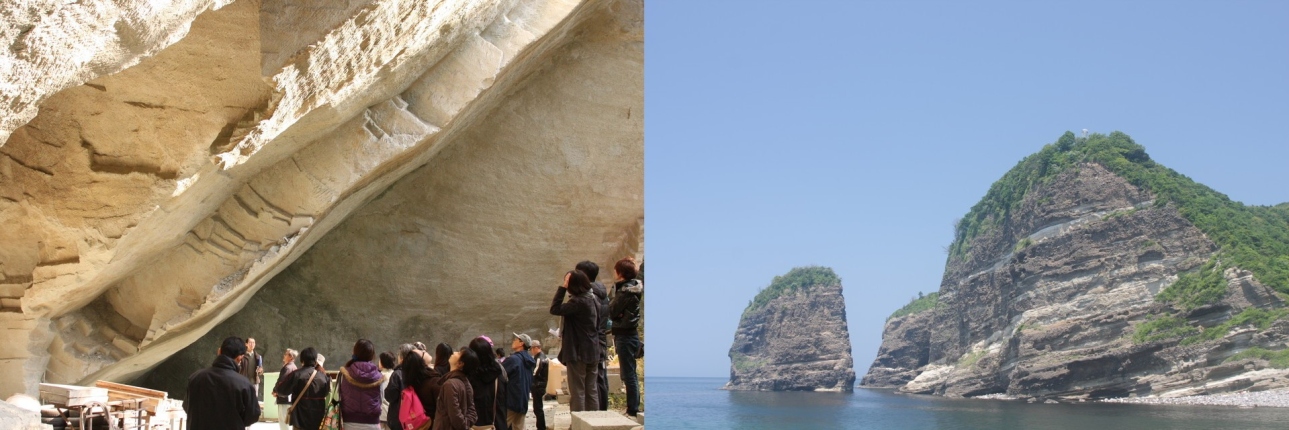 左：室町時代から現代まで続く福光石の石切場／右：波根海岸の立神岩