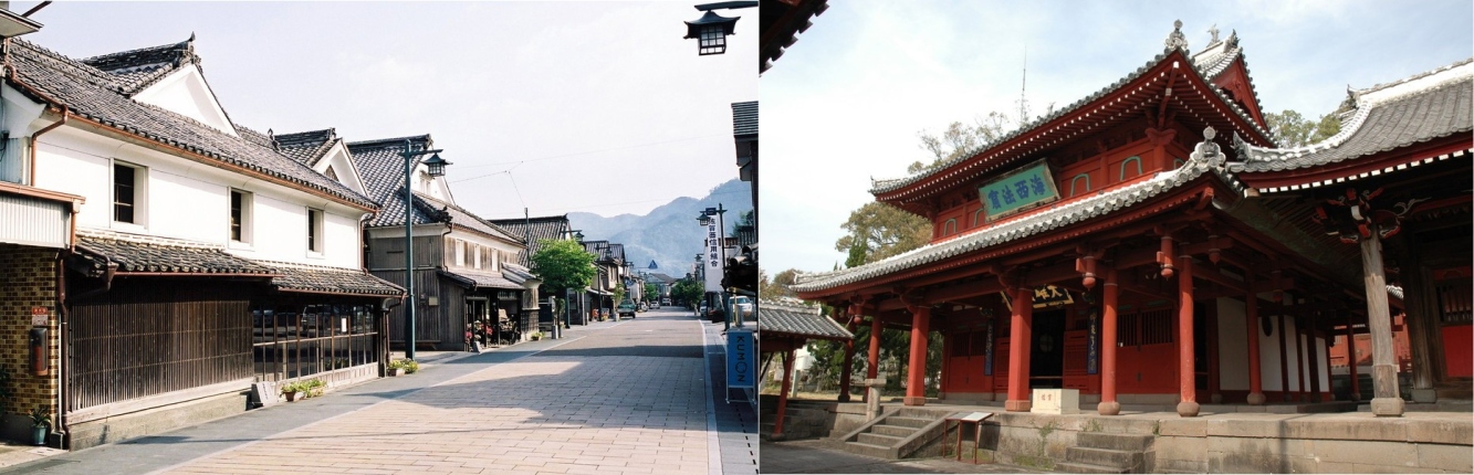 左：塩田津の歴史的な町並み　／右：崇福寺の大雄宝殿(国宝)