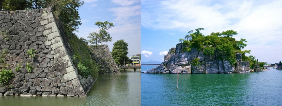 左：八代産石灰岩で築かれた「八代城」の石垣／右：石灰岩の島「水島」
