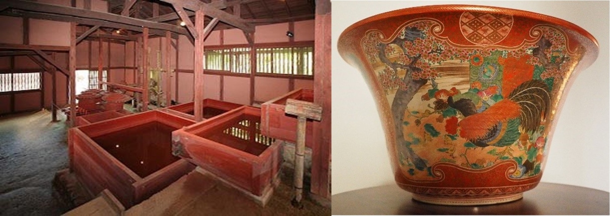 左：整備された旧弁柄工場（ベンガラ館）／右：九谷焼浄水鉢