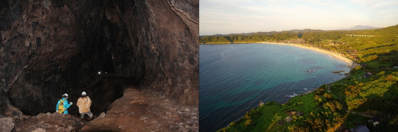 左：石見銀山最大級の坑道後　大久保間歩坑内／右：弓なりに白砂が続く琴ヶ浜
