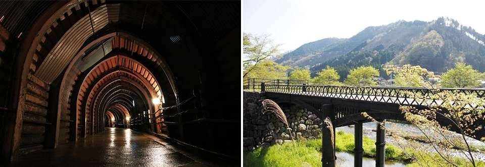 左：生野鉱山の坑道/右：神子畑鋳鉄橋