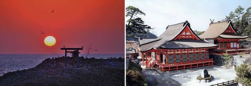 左：経島の夕日/右：日御碕神社の日沉宮