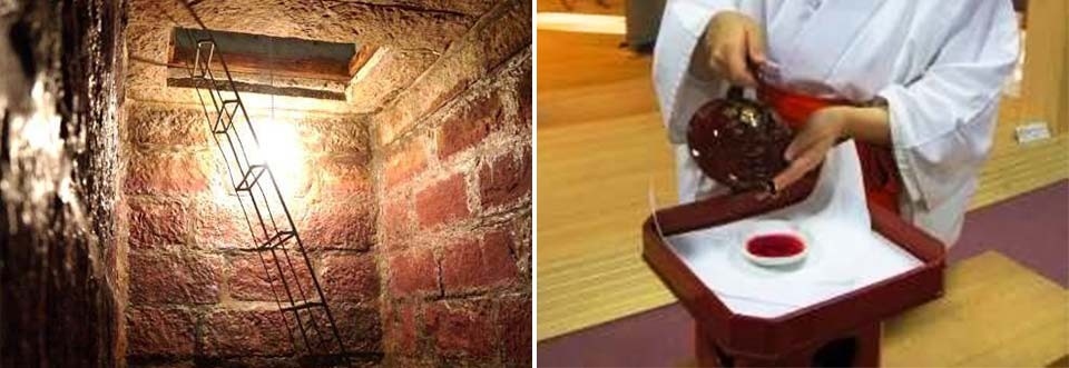 左：明治期のワイン地下発酵槽/右：ワインの御神酒