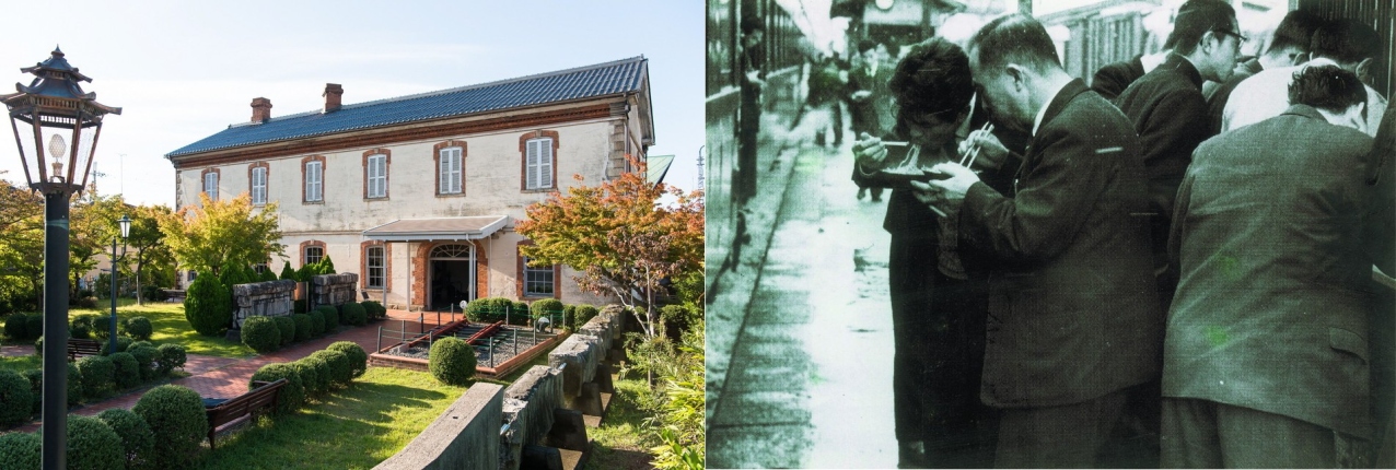 左：現存する最古の駅舎「旧長浜駅」 ー 資料館として公開されている／右：立ち食いそば（今庄駅）