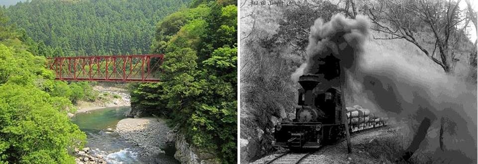 左：りんてつ軸道跡に残る明神口橋/右：森林鉄道の当時の様子がわかる古い写真