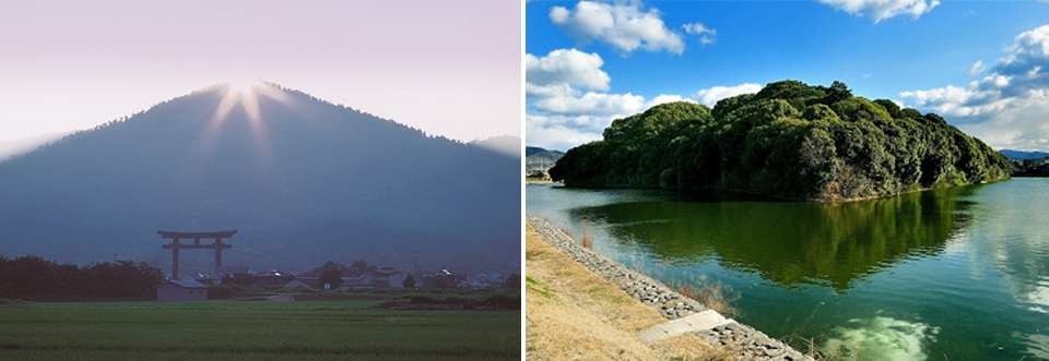 左：三輪山から昇る朝日/右：白鳥陵古墳