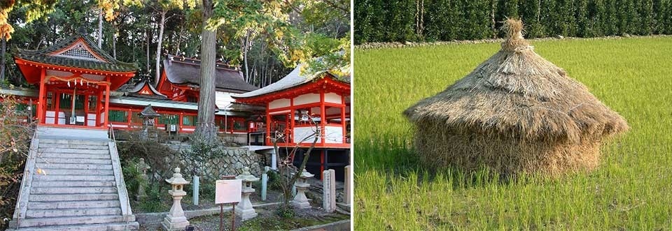 左：高台の神社（広八幡神社）/右：稲むら（稲束を積み重ねたもの）