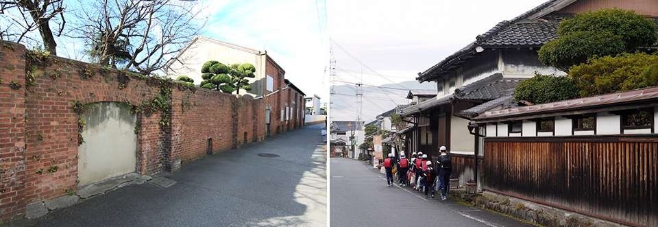左：飾磨港の飾磨津物揚場跡/右：宿場町（粟賀町）を通る銀の馬車道