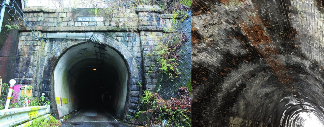 左：滋賀と福井の県境にある柳ヶ瀬トンネル ー 明治17年当時日本最長を誇った／右：日本最古鉄道トンネル小刀根トンネルの内部 ー SL運行当時のすすが現在も残る
