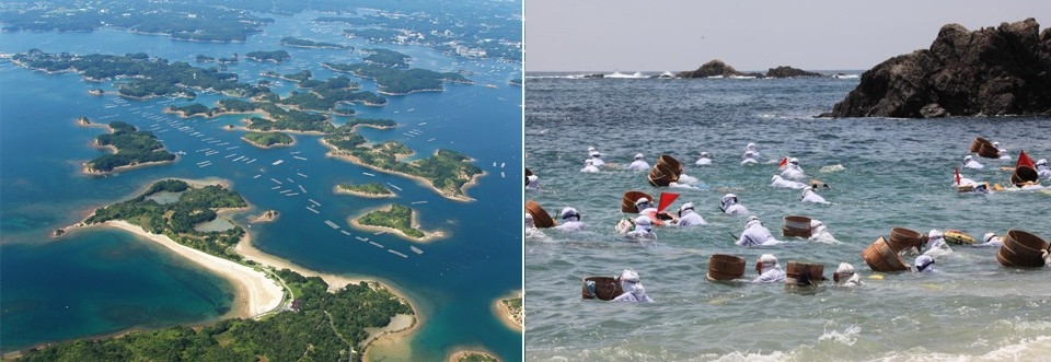 左：美しいリアス海岸/右：海に潜る海女