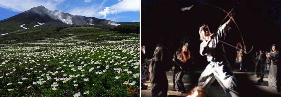 左：大雪山の雄大な自然/右：山に入る者の安全を祈る儀式