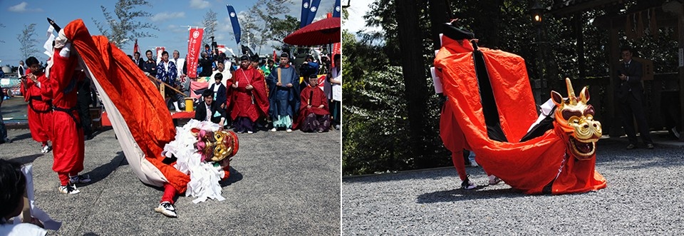 左：港町の祭礼で舞う麒麟獅子舞/右：神社の祭礼で舞う麒麟獅子