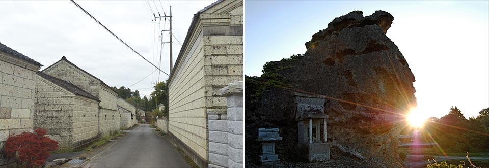 左：大谷石建造物の街並み(芦沼集落)/右：大谷石造の祠(岩原神社)