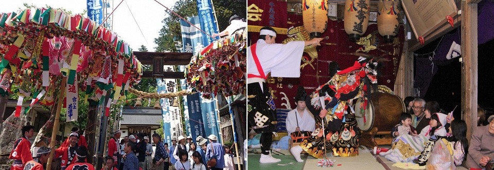 左：傘鉾が飾られた地域のお祭り/右：奉納神楽を楽しむ人々