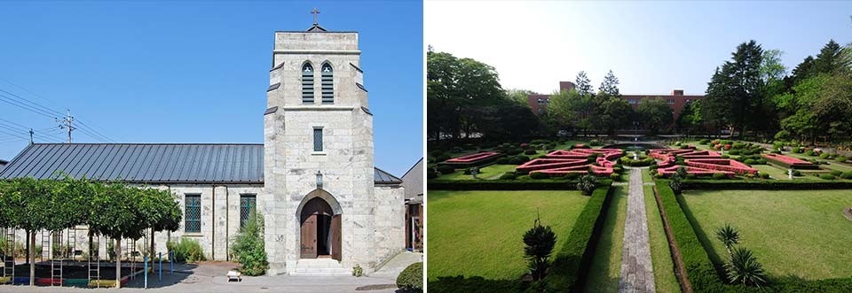 左：宇都宮聖ヨハネ教会聖堂/右：宇都宮大学庭園(中央園路に大谷石が使われる)
