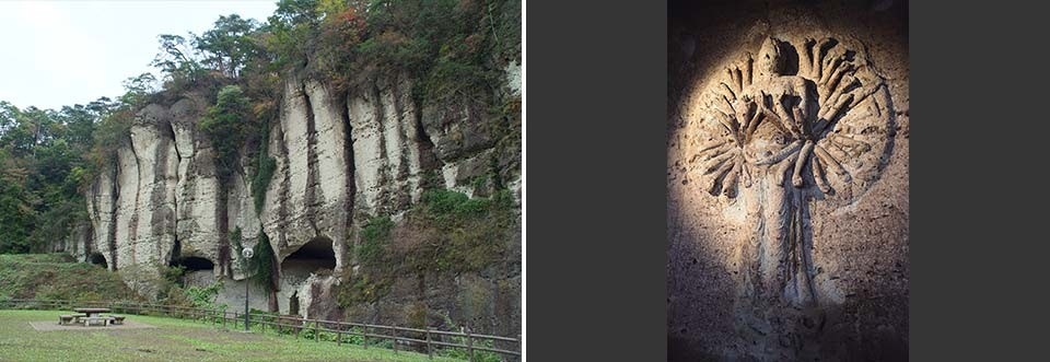 左：大谷の奇岩(御止山)/右：大谷観音(大谷磨崖仏)