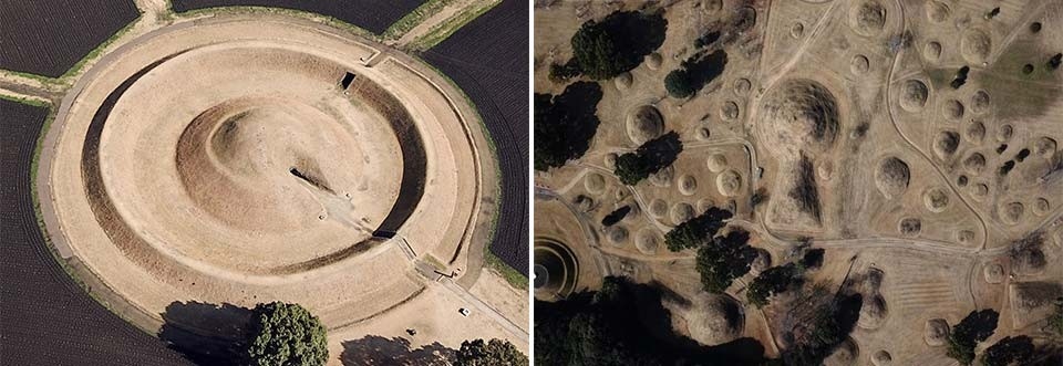 左：土星のような形の古墳/右：台地に描かれた模様のような古墳の群れ