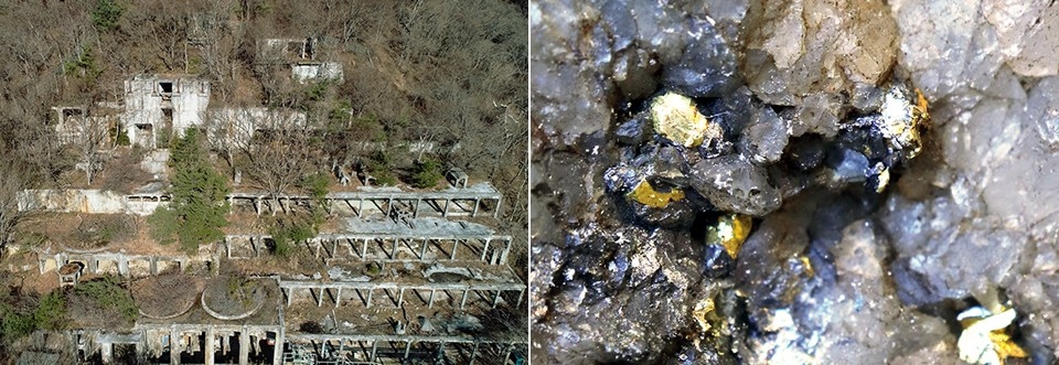 左：最盛期には年間約1tもの金を産出した大谷鉱山（気仙沼市）／右：目で見えるほどの大きさの金を内包する金鉱石（気仙沼市）