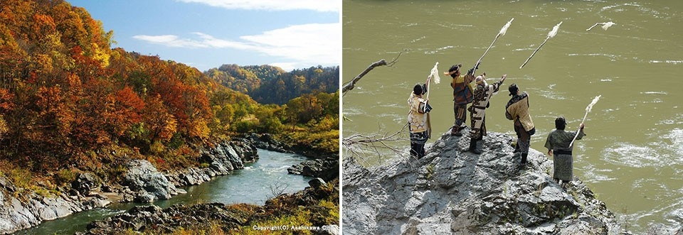 左：奇岩が屹立するカムイコタン/右：川の神に祈りを捧げる儀式