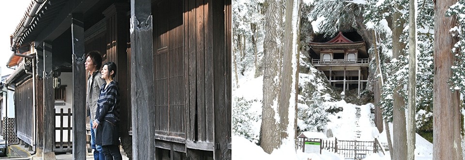 左：カリヤ通り/右：山雪に覆われる不動院岩屋堂