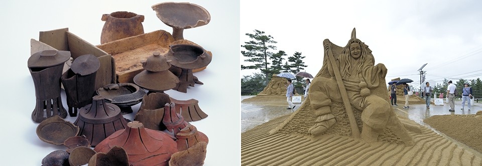 左：青谷上寺地遺跡出土品/右：砂の彫刻「砂像」