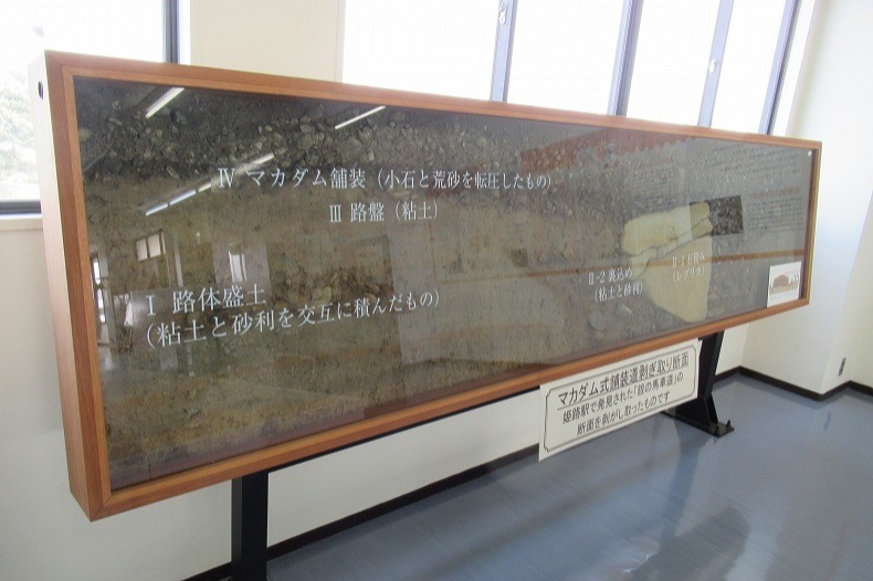 マカダム式舗装道剥ぎ取り断面の展示