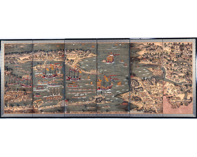 琉球交易港図屏風